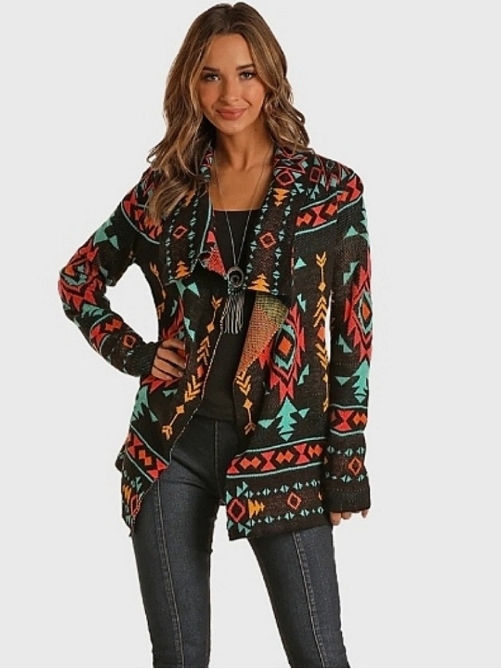 Rock and Roll Cowgirl Drape Front Aztec Cardigan - Multicolor Sz: Jr L, 20” PTP